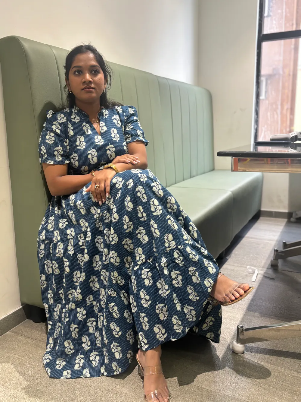 "Blue Bloom" Ink Blue Kantha Cotton 3 tier Maxi